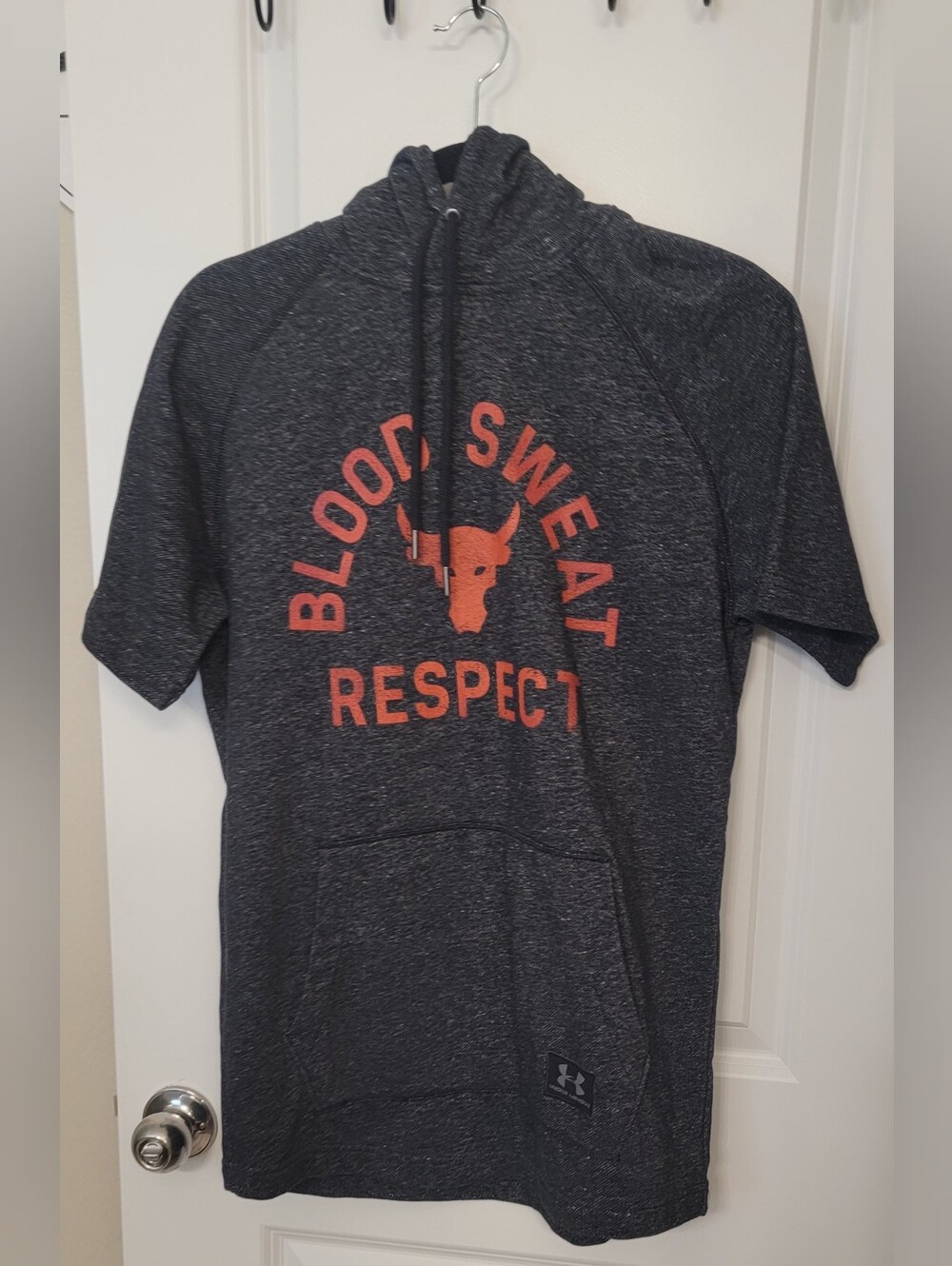 Under Armour Men’s Charcoal Heather Short-Sleeve Hoodie with Orange Graphic